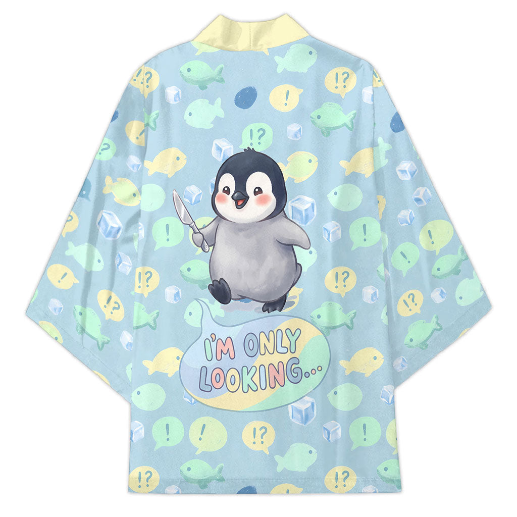 Sneaky Flipper Cute Penguin Holding Knife Kimono Funny Chibi Penguin Graphic With Ice And Fish Pattern