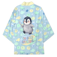 Sneaky Flipper Cute Penguin Holding Knife Kimono Funny Chibi Penguin Graphic With Ice And Fish Pattern