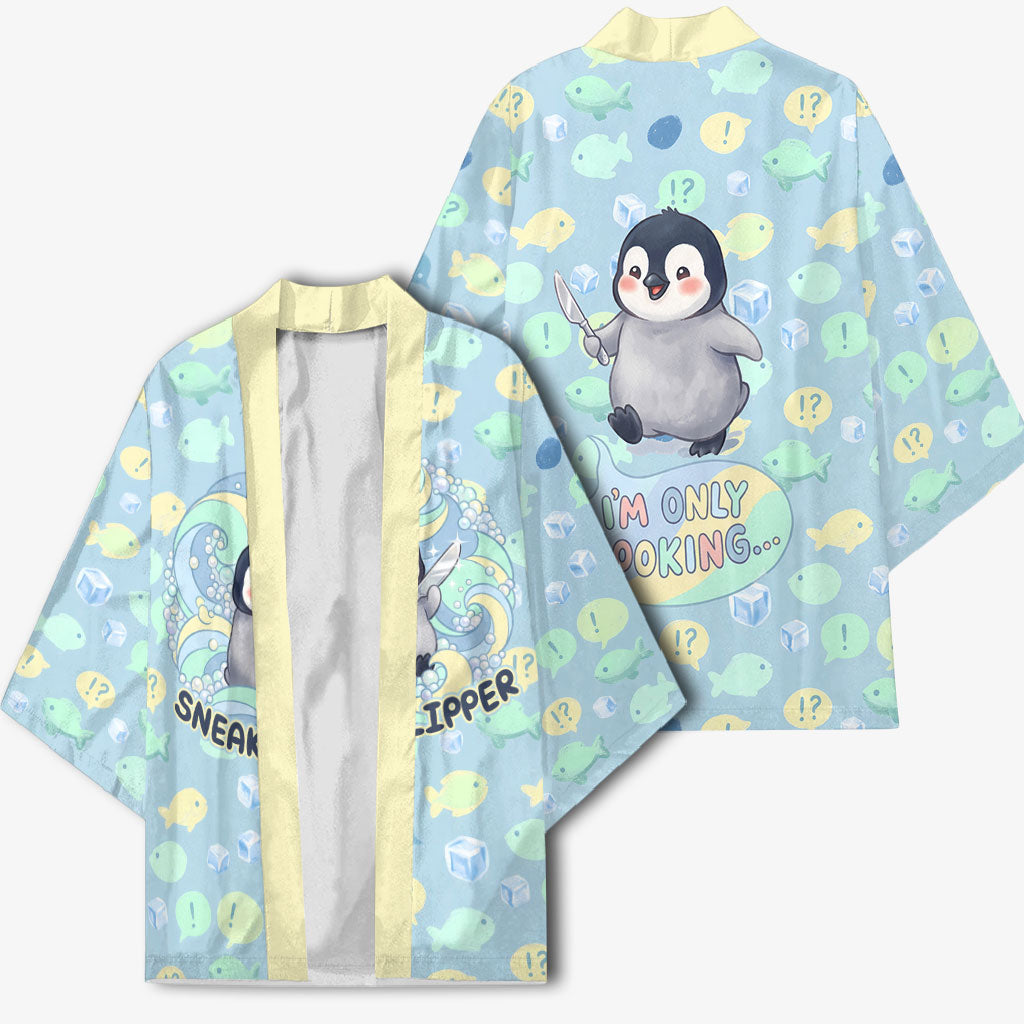 Sneaky Flipper Cute Penguin Holding Knife Kimono Funny Chibi Penguin Graphic With Ice And Fish Pattern