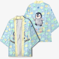 Sneaky Flipper Cute Penguin Holding Knife Kimono Funny Chibi Penguin Graphic With Ice And Fish Pattern