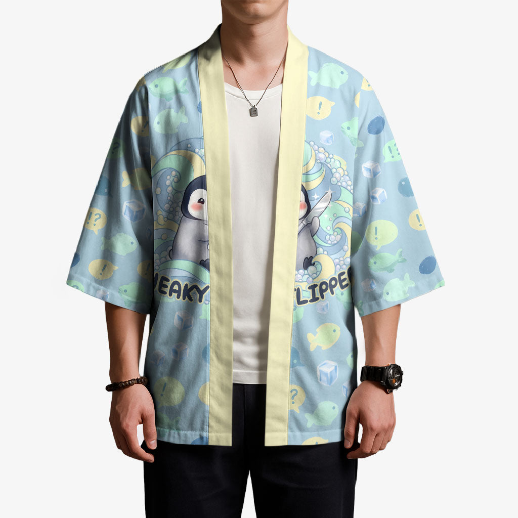 Sneaky Flipper Cute Penguin Holding Knife Kimono Funny Chibi Penguin Graphic With Ice And Fish Pattern