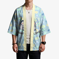 Sneaky Flipper Cute Penguin Holding Knife Kimono Funny Chibi Penguin Graphic With Ice And Fish Pattern