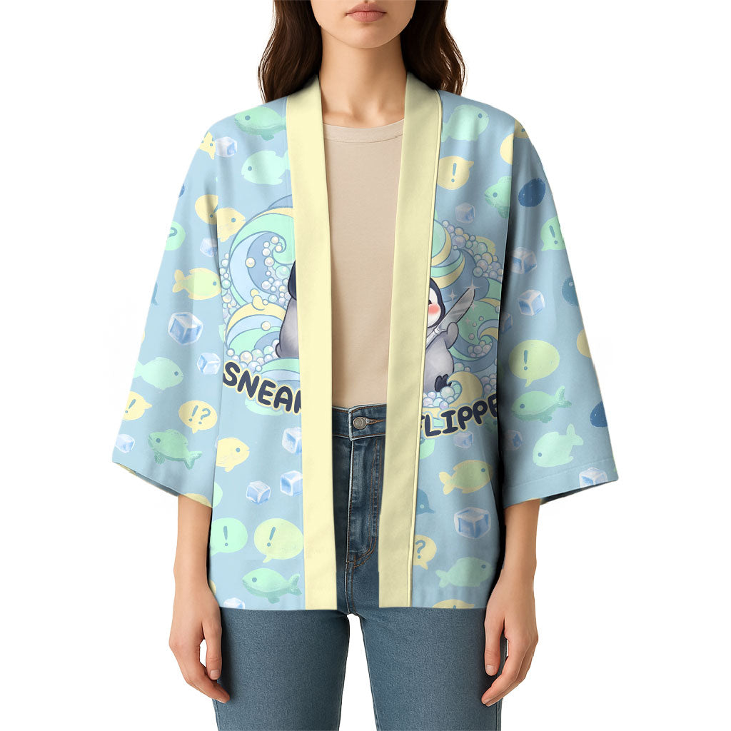 Sneaky Flipper Cute Penguin Holding Knife Kimono Funny Chibi Penguin Graphic With Ice And Fish Pattern