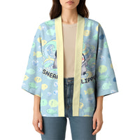 Sneaky Flipper Cute Penguin Holding Knife Kimono Funny Chibi Penguin Graphic With Ice And Fish Pattern
