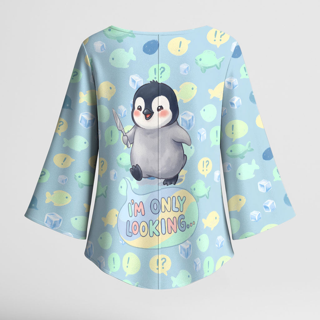 Sneaky Flipper Cute Penguin Holding Knife Kimono Sleeve Blouse Funny Chibi Penguin Graphic With Ice And Fish Pattern