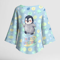 Sneaky Flipper Cute Penguin Holding Knife Kimono Sleeve Blouse Funny Chibi Penguin Graphic With Ice And Fish Pattern