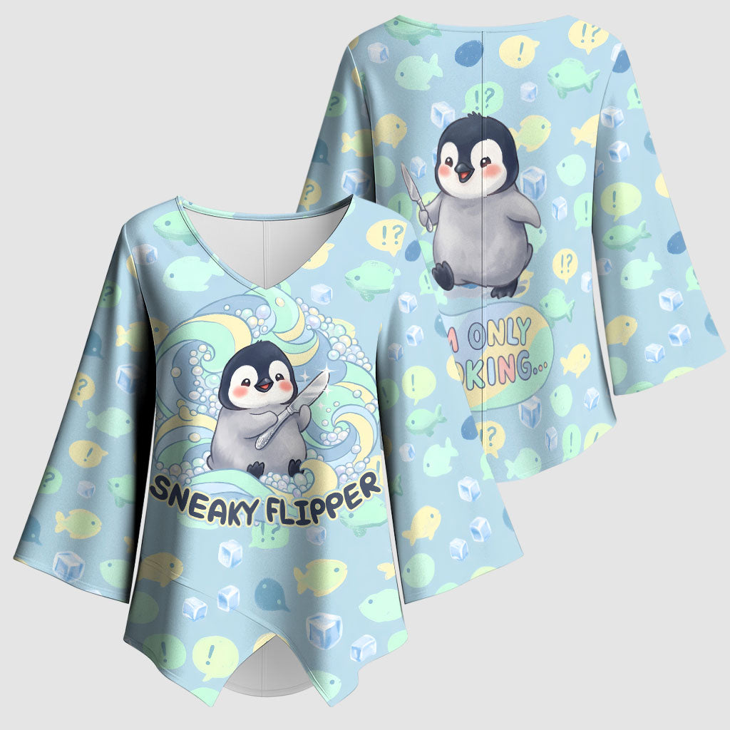 Sneaky Flipper Cute Penguin Holding Knife Kimono Sleeve Blouse Funny Chibi Penguin Graphic With Ice And Fish Pattern