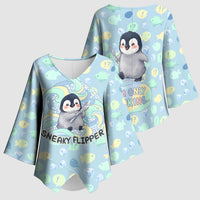Sneaky Flipper Cute Penguin Holding Knife Kimono Sleeve Blouse Funny Chibi Penguin Graphic With Ice And Fish Pattern