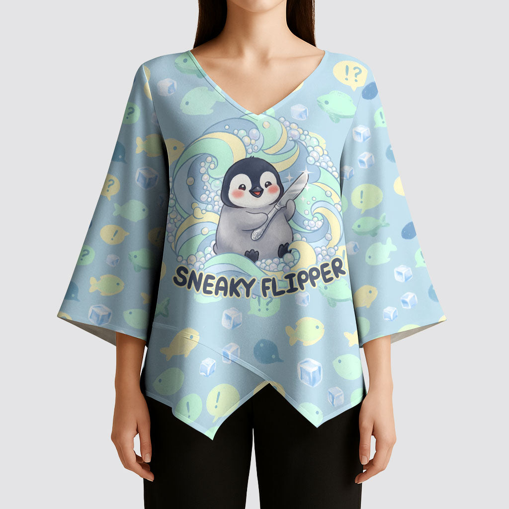 Sneaky Flipper Cute Penguin Holding Knife Kimono Sleeve Blouse Funny Chibi Penguin Graphic With Ice And Fish Pattern