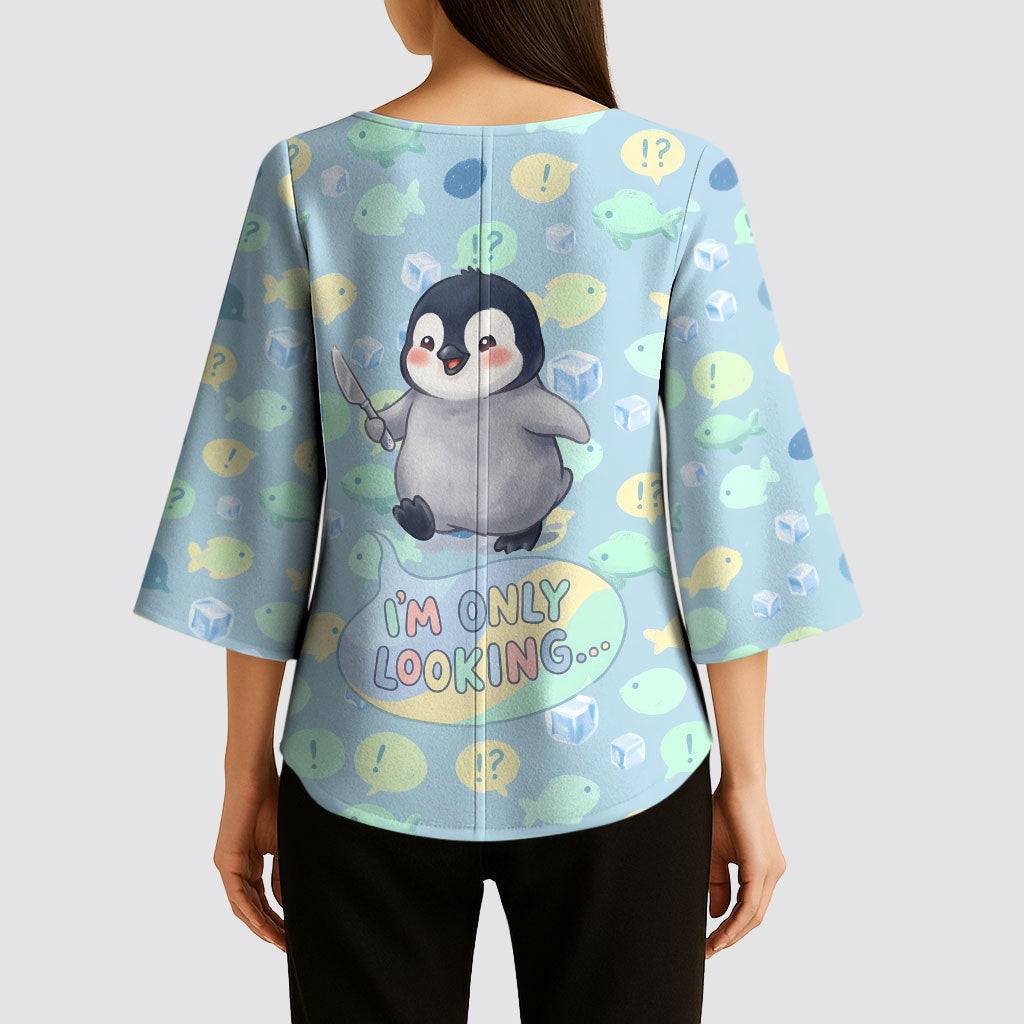 Sneaky Flipper Cute Penguin Holding Knife Kimono Sleeve Blouse Funny Chibi Penguin Graphic With Ice And Fish Pattern
