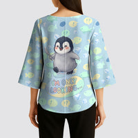 Sneaky Flipper Cute Penguin Holding Knife Kimono Sleeve Blouse Funny Chibi Penguin Graphic With Ice And Fish Pattern