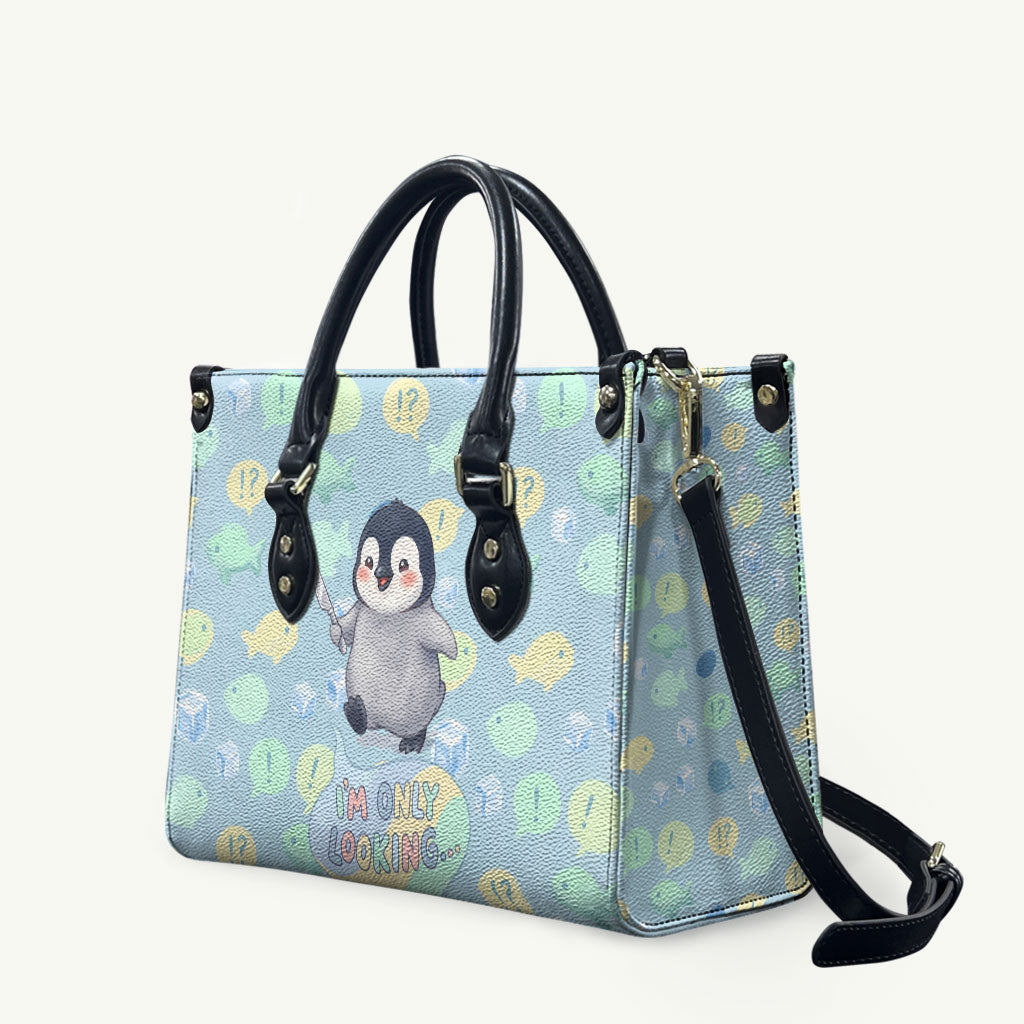 Sneaky Flipper Cute Penguin Holding Knife Leather Bag Funny Chibi Penguin Graphic With Ice And Fish Pattern