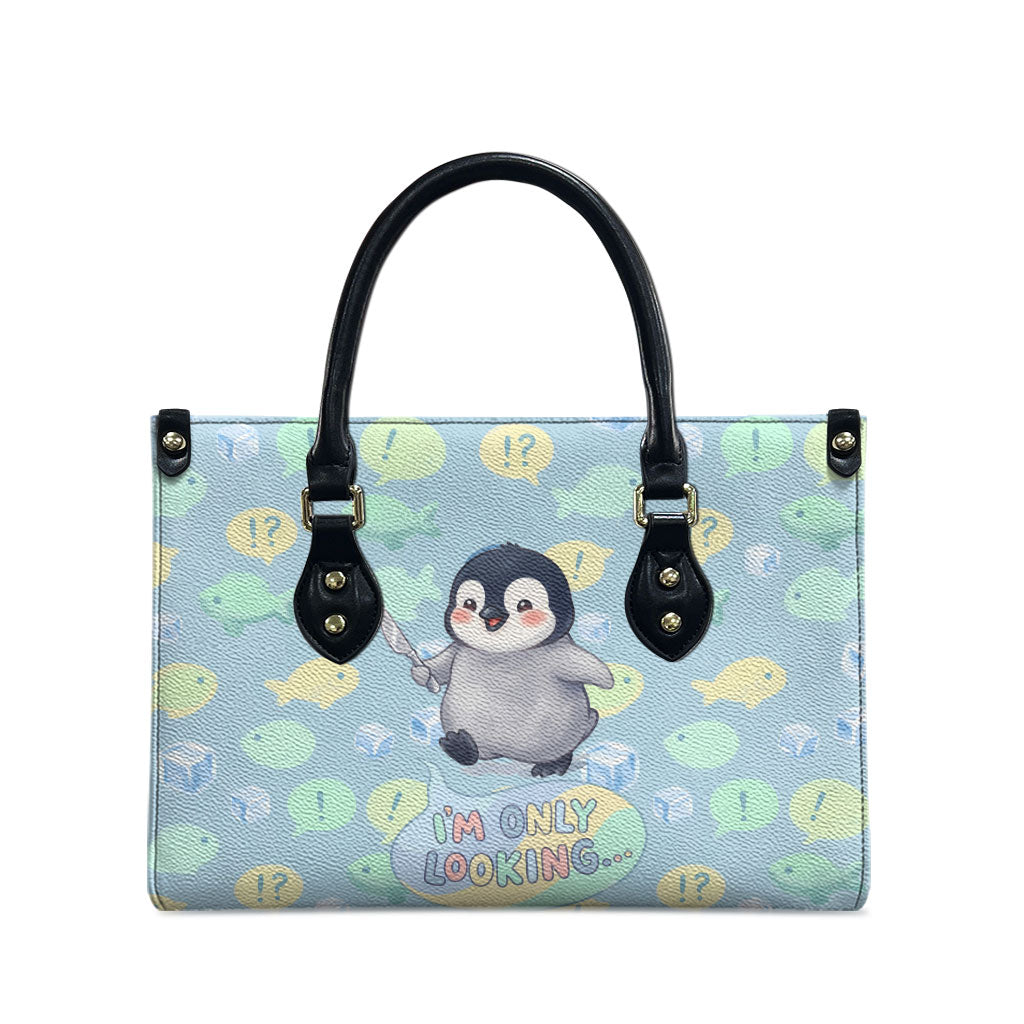 Sneaky Flipper Cute Penguin Holding Knife Leather Bag Funny Chibi Penguin Graphic With Ice And Fish Pattern