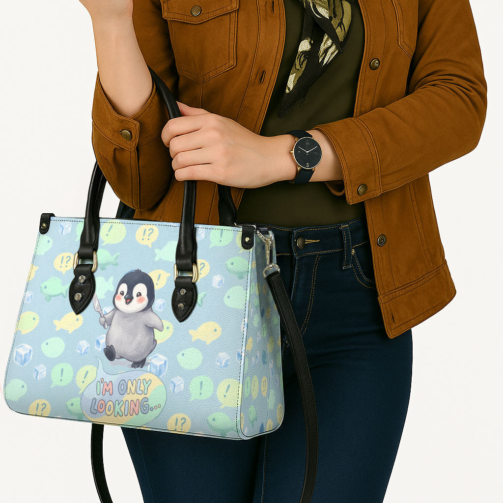 Sneaky Flipper Cute Penguin Holding Knife Leather Bag Funny Chibi Penguin Graphic With Ice And Fish Pattern