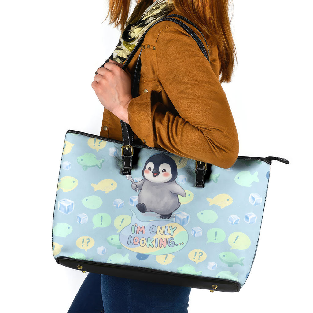 Sneaky Flipper Cute Penguin Holding Knife Leather Tote Bag Funny Chibi Penguin Graphic With Ice And Fish Pattern