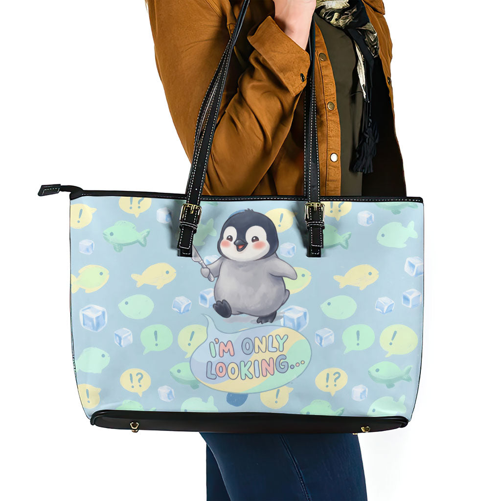 Sneaky Flipper Cute Penguin Holding Knife Leather Tote Bag Funny Chibi Penguin Graphic With Ice And Fish Pattern