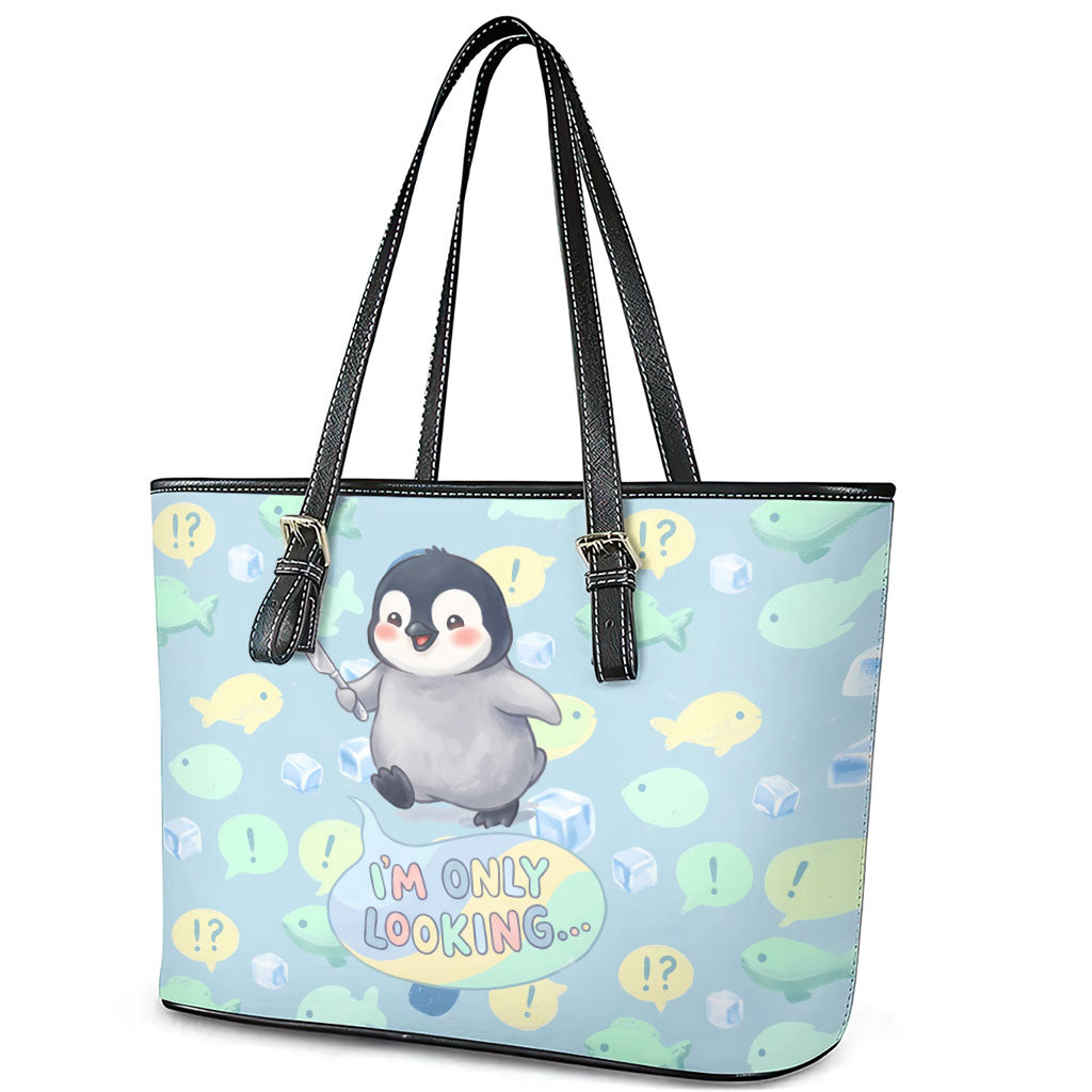 Sneaky Flipper Cute Penguin Holding Knife Leather Tote Bag Funny Chibi Penguin Graphic With Ice And Fish Pattern