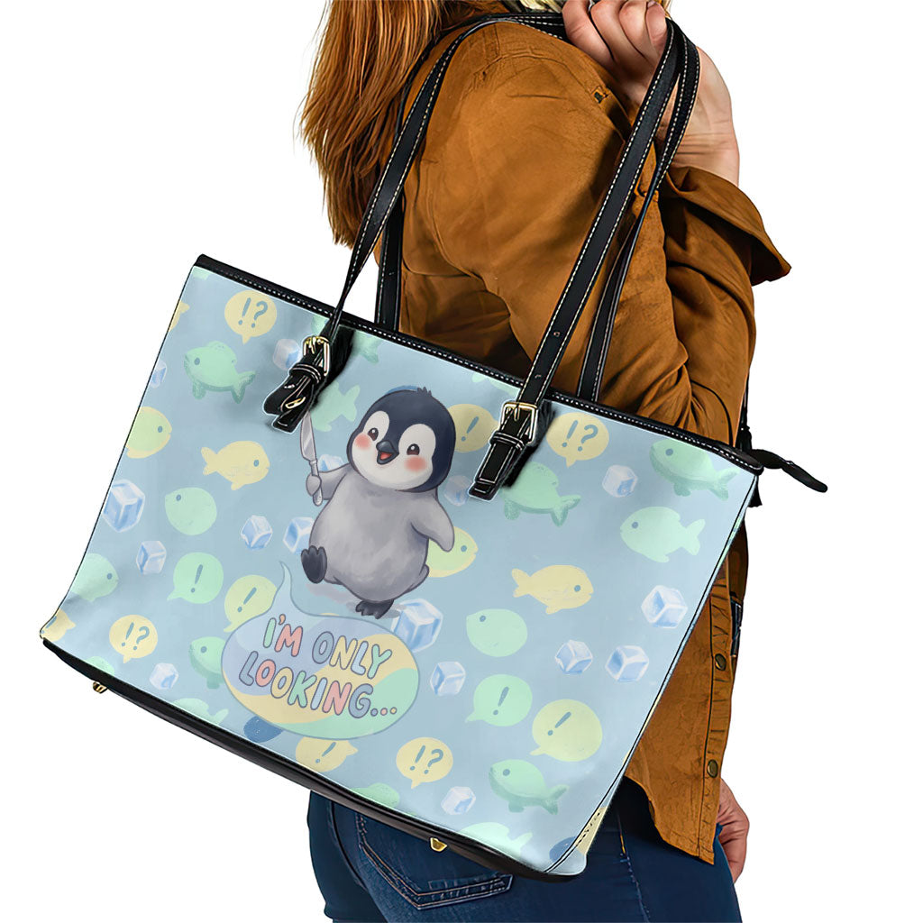 Sneaky Flipper Cute Penguin Holding Knife Leather Tote Bag Funny Chibi Penguin Graphic With Ice And Fish Pattern