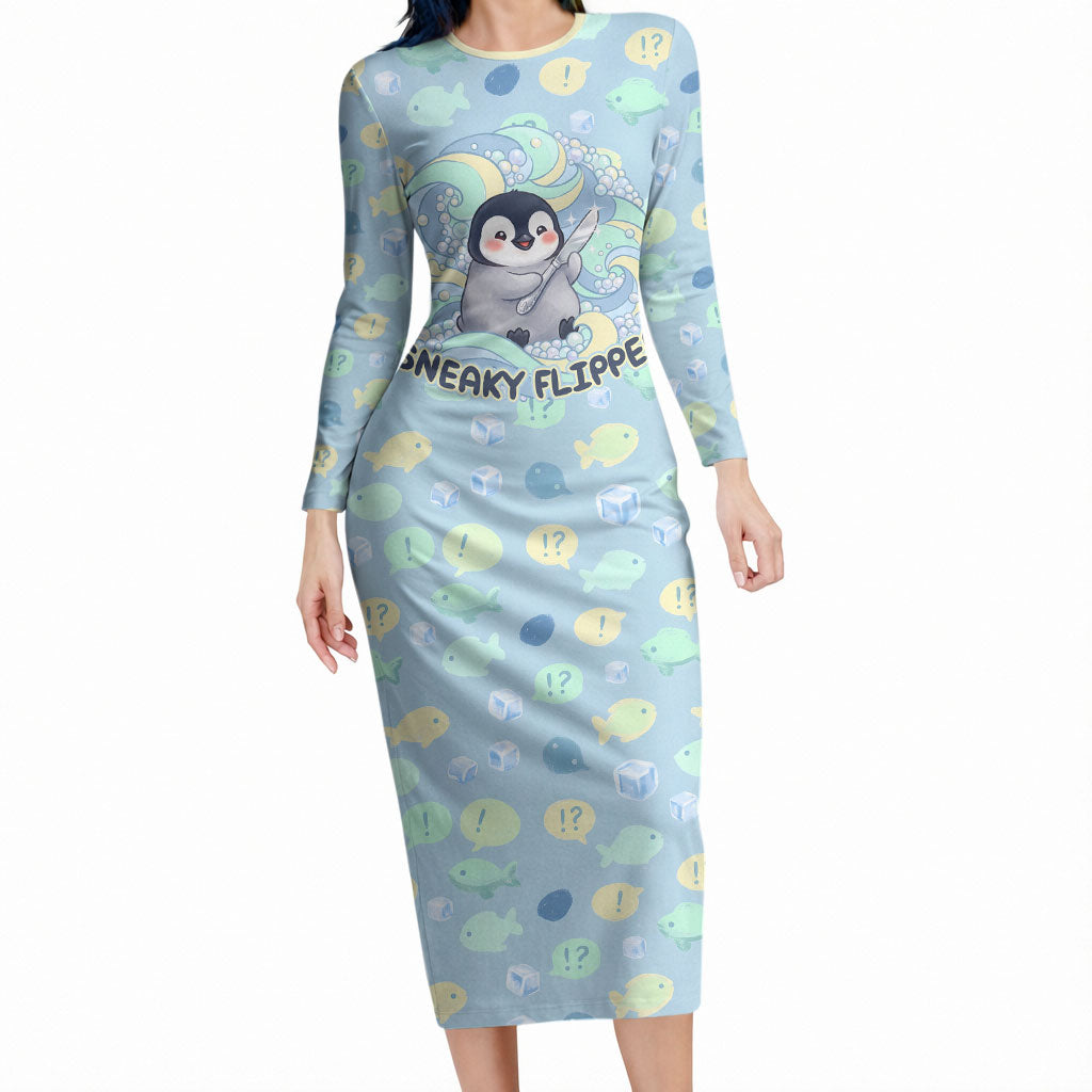 Sneaky Flipper Cute Penguin Holding Knife Long Sleeve Bodycon Dress Funny Chibi Penguin Graphic With Ice And Fish Pattern