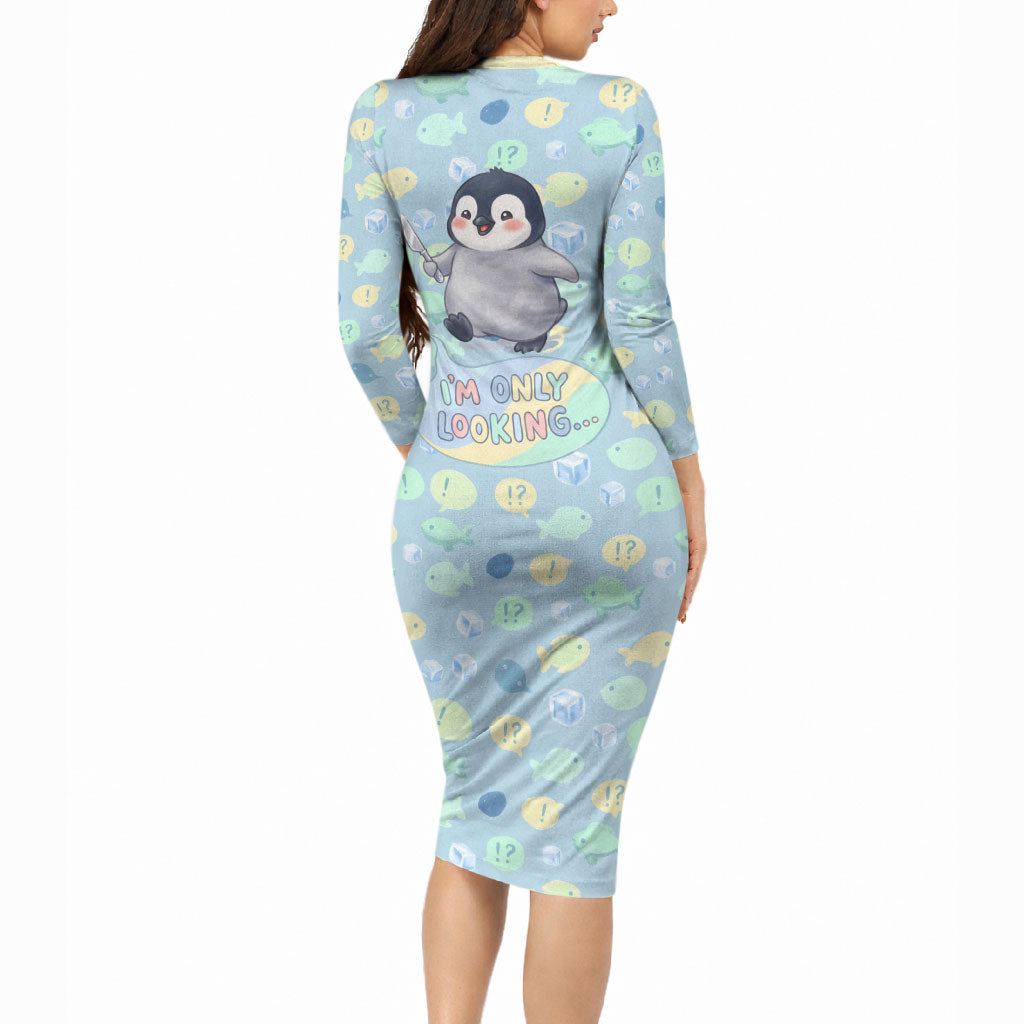 Sneaky Flipper Cute Penguin Holding Knife Long Sleeve Bodycon Dress Funny Chibi Penguin Graphic With Ice And Fish Pattern