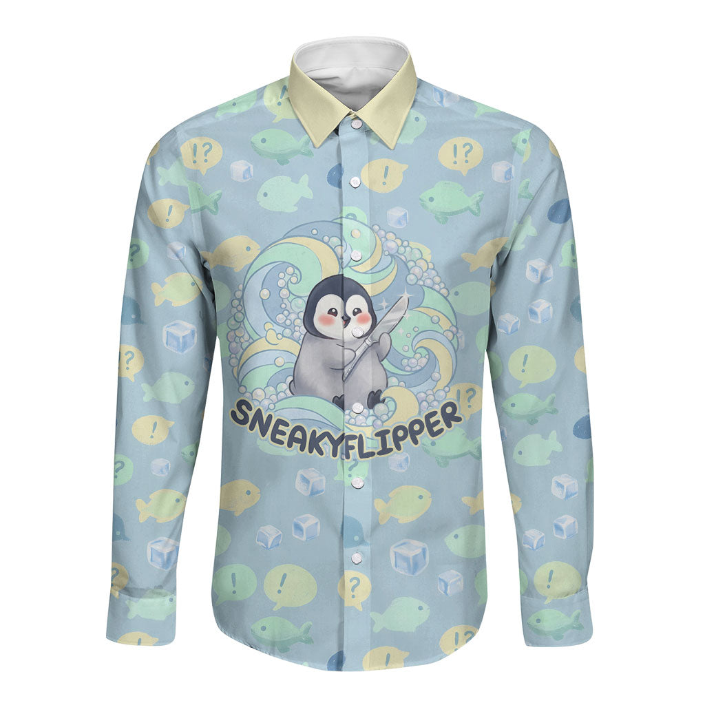 Sneaky Flipper Cute Penguin Holding Knife Long Sleeve Button Shirt Funny Chibi Penguin Graphic With Ice And Fish Pattern
