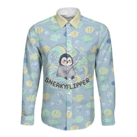 Sneaky Flipper Cute Penguin Holding Knife Long Sleeve Button Shirt Funny Chibi Penguin Graphic With Ice And Fish Pattern
