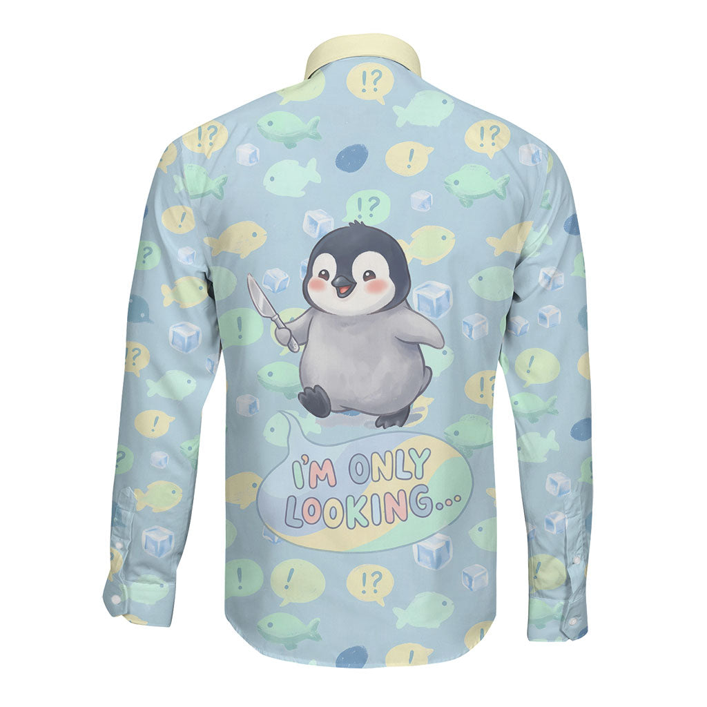 Sneaky Flipper Cute Penguin Holding Knife Long Sleeve Button Shirt Funny Chibi Penguin Graphic With Ice And Fish Pattern