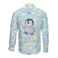 Sneaky Flipper Cute Penguin Holding Knife Long Sleeve Button Shirt Funny Chibi Penguin Graphic With Ice And Fish Pattern