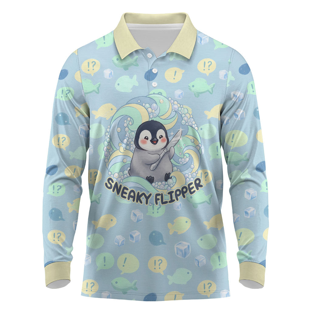 Sneaky Flipper Cute Penguin Holding Knife Long Sleeve Polo Shirt Funny Chibi Penguin Graphic With Ice And Fish Pattern