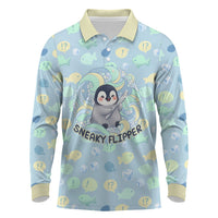 Sneaky Flipper Cute Penguin Holding Knife Long Sleeve Polo Shirt Funny Chibi Penguin Graphic With Ice And Fish Pattern
