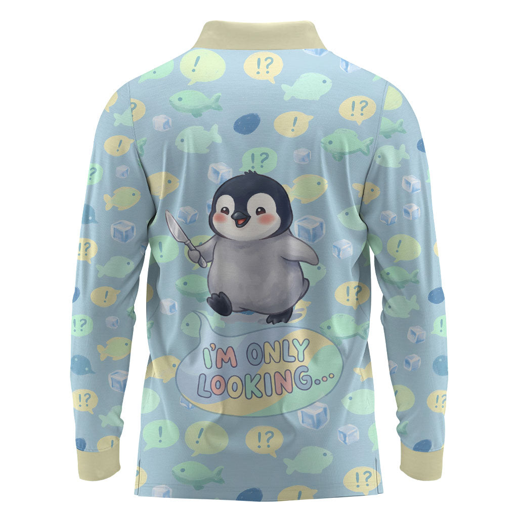 Sneaky Flipper Cute Penguin Holding Knife Long Sleeve Polo Shirt Funny Chibi Penguin Graphic With Ice And Fish Pattern