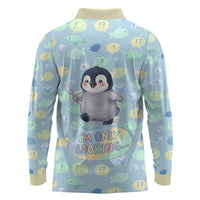 Sneaky Flipper Cute Penguin Holding Knife Long Sleeve Polo Shirt Funny Chibi Penguin Graphic With Ice And Fish Pattern