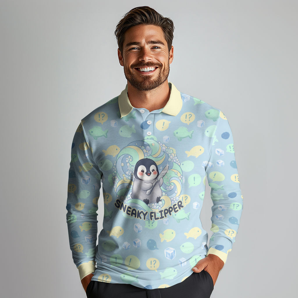Sneaky Flipper Cute Penguin Holding Knife Long Sleeve Polo Shirt Funny Chibi Penguin Graphic With Ice And Fish Pattern