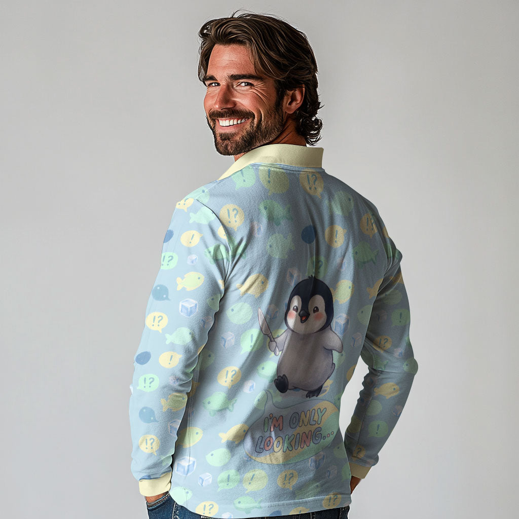 Sneaky Flipper Cute Penguin Holding Knife Long Sleeve Polo Shirt Funny Chibi Penguin Graphic With Ice And Fish Pattern