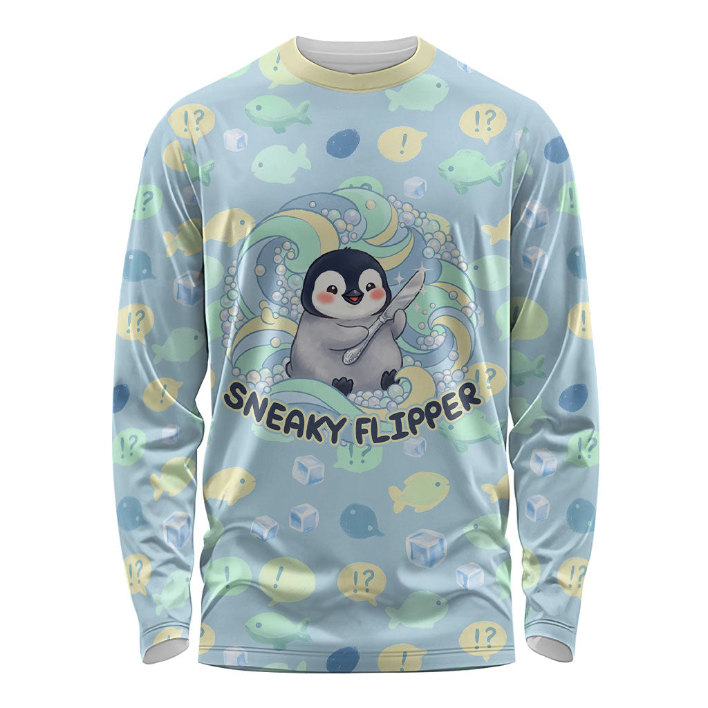 Sneaky Flipper Cute Penguin Holding Knife Long Sleeve Shirt Funny Chibi Penguin Graphic With Ice And Fish Pattern