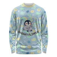 Sneaky Flipper Cute Penguin Holding Knife Long Sleeve Shirt Funny Chibi Penguin Graphic With Ice And Fish Pattern