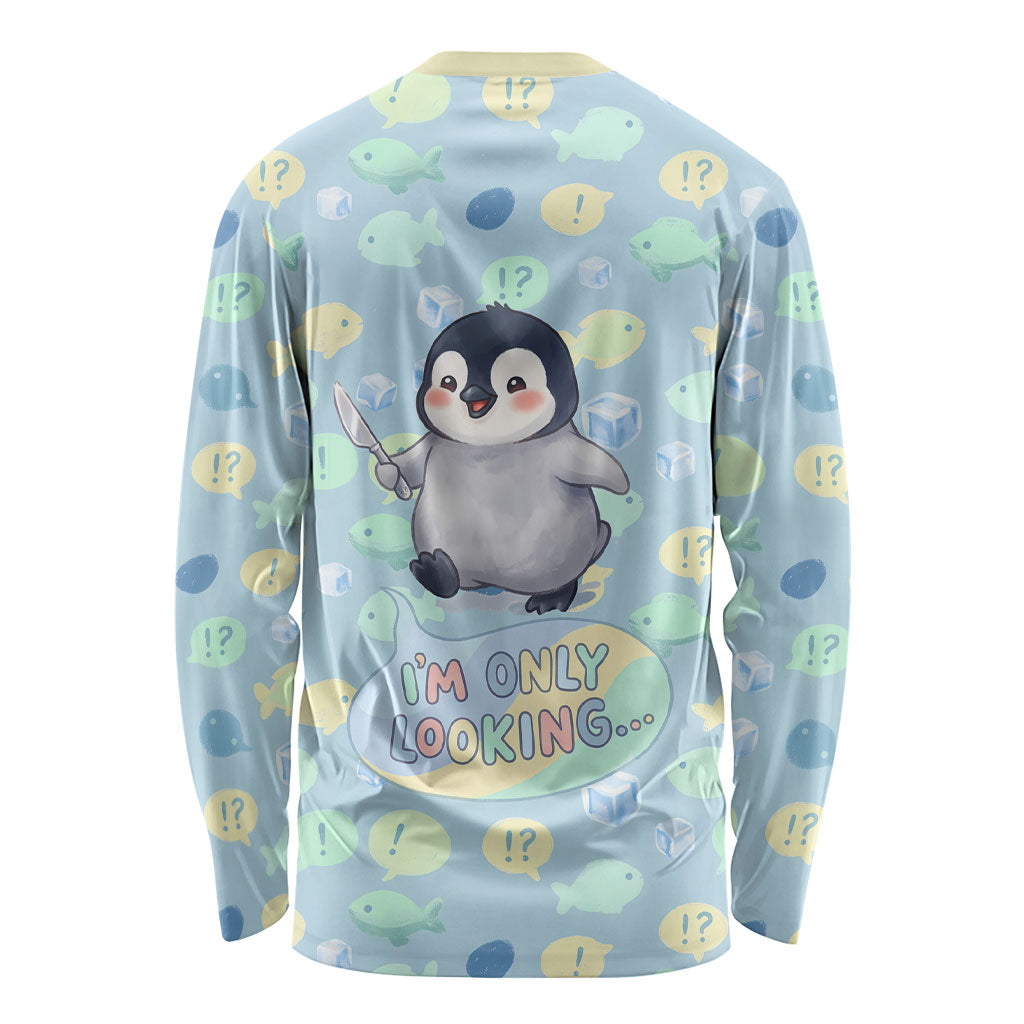 Sneaky Flipper Cute Penguin Holding Knife Long Sleeve Shirt Funny Chibi Penguin Graphic With Ice And Fish Pattern