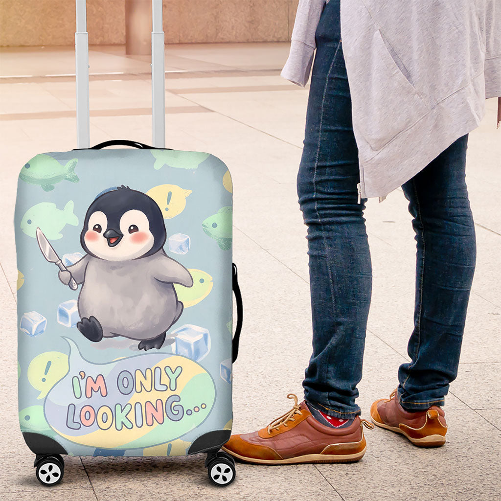 Sneaky Flipper Cute Penguin Holding Knife Luggage Cover Funny Chibi Penguin Graphic With Ice And Fish Pattern