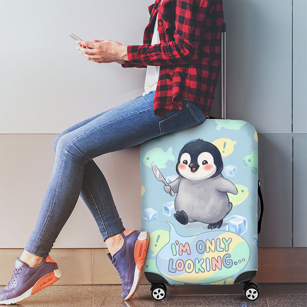 Sneaky Flipper Cute Penguin Holding Knife Luggage Cover Funny Chibi Penguin Graphic With Ice And Fish Pattern