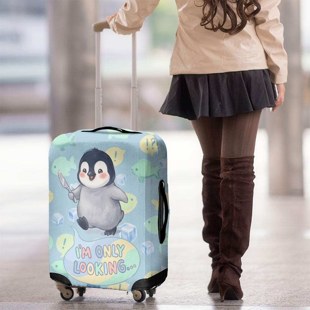 Sneaky Flipper Cute Penguin Holding Knife Luggage Cover Funny Chibi Penguin Graphic With Ice And Fish Pattern