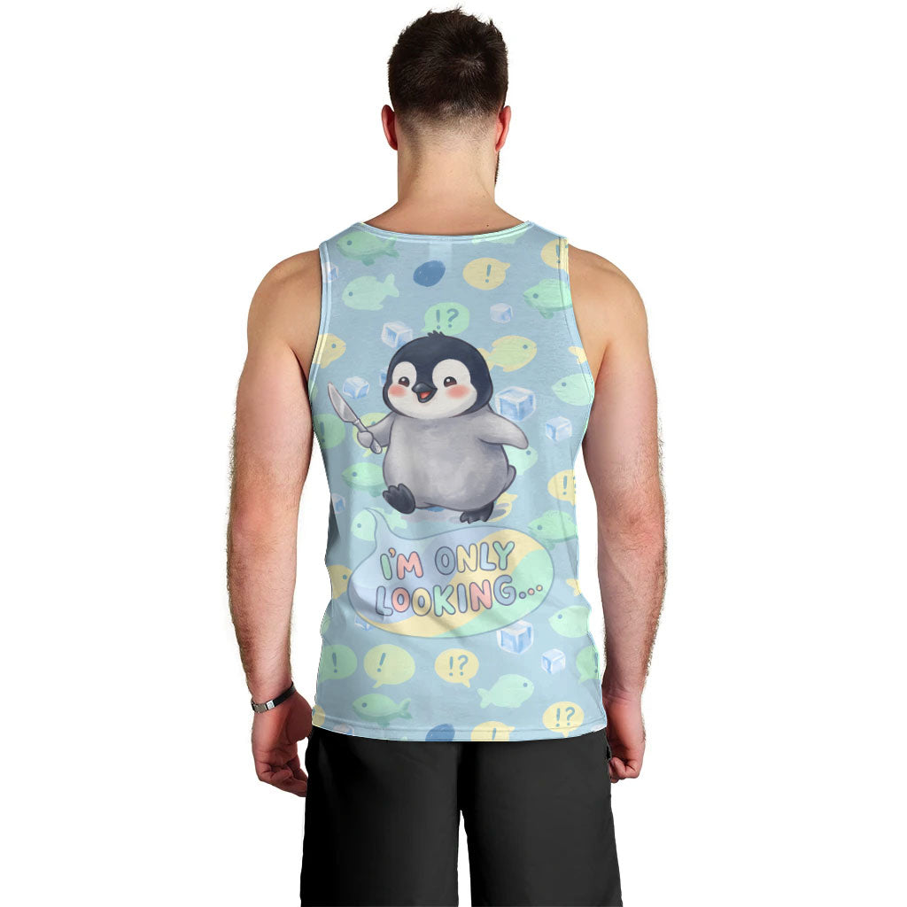 Sneaky Flipper Cute Penguin Holding Knife Men Tank Top Funny Chibi Penguin Graphic With Ice And Fish Pattern