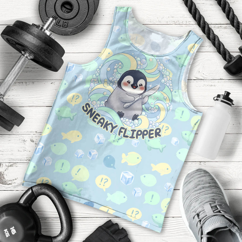 Sneaky Flipper Cute Penguin Holding Knife Men Tank Top Funny Chibi Penguin Graphic With Ice And Fish Pattern