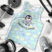 Sneaky Flipper Cute Penguin Holding Knife Men Tank Top Funny Chibi Penguin Graphic With Ice And Fish Pattern