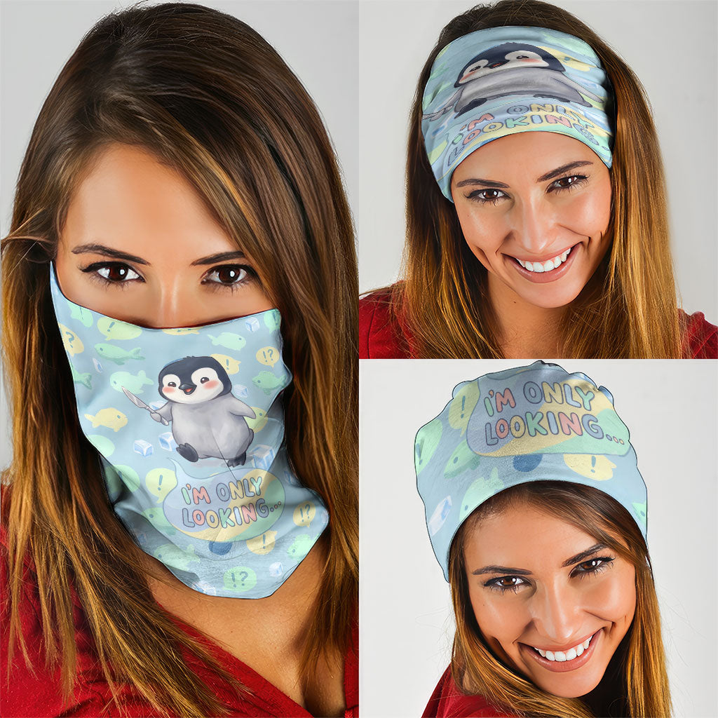 Sneaky Flipper Cute Penguin Holding Knife Neck Gaiter Funny Chibi Penguin Graphic With Ice And Fish Pattern