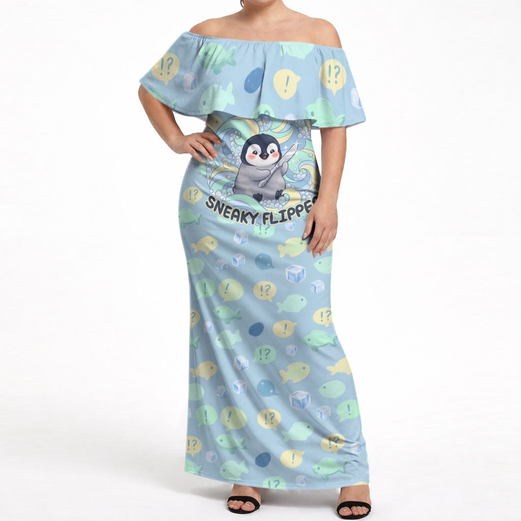 Sneaky Flipper Cute Penguin Holding Knife Off Shoulder Maxi Dress Funny Chibi Penguin Graphic With Ice And Fish Pattern