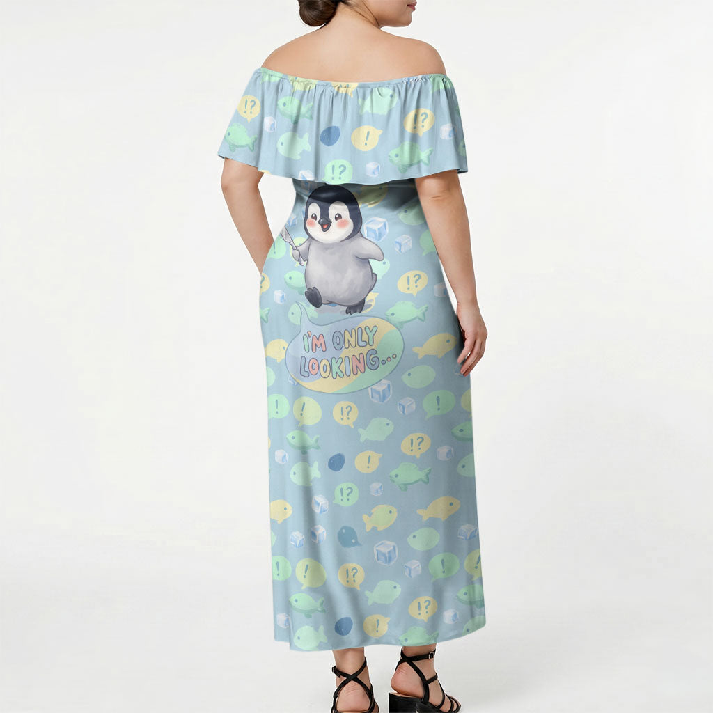Sneaky Flipper Cute Penguin Holding Knife Off Shoulder Maxi Dress Funny Chibi Penguin Graphic With Ice And Fish Pattern