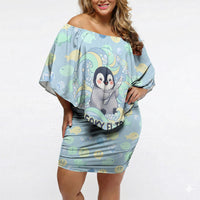 Sneaky Flipper Cute Penguin Holding Knife Off Shoulder Short Dress Funny Chibi Penguin Graphic With Ice And Fish Pattern