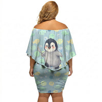 Sneaky Flipper Cute Penguin Holding Knife Off Shoulder Short Dress Funny Chibi Penguin Graphic With Ice And Fish Pattern