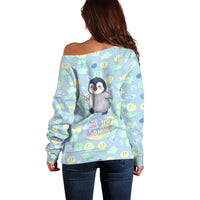 Sneaky Flipper Cute Penguin Holding Knife Off Shoulder Sweater Funny Chibi Penguin Graphic With Ice And Fish Pattern