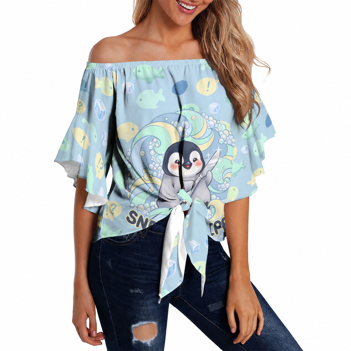 Sneaky Flipper Cute Penguin Holding Knife Off Shoulder Wrap Waist Top Funny Chibi Penguin Graphic With Ice And Fish Pattern